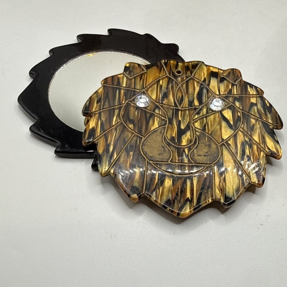 Vintage Lion Head Folding Purse Mirror Faux Tortoise Shell 3"